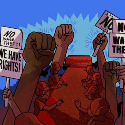 Image is an animation of protest signs with workers rights slogans