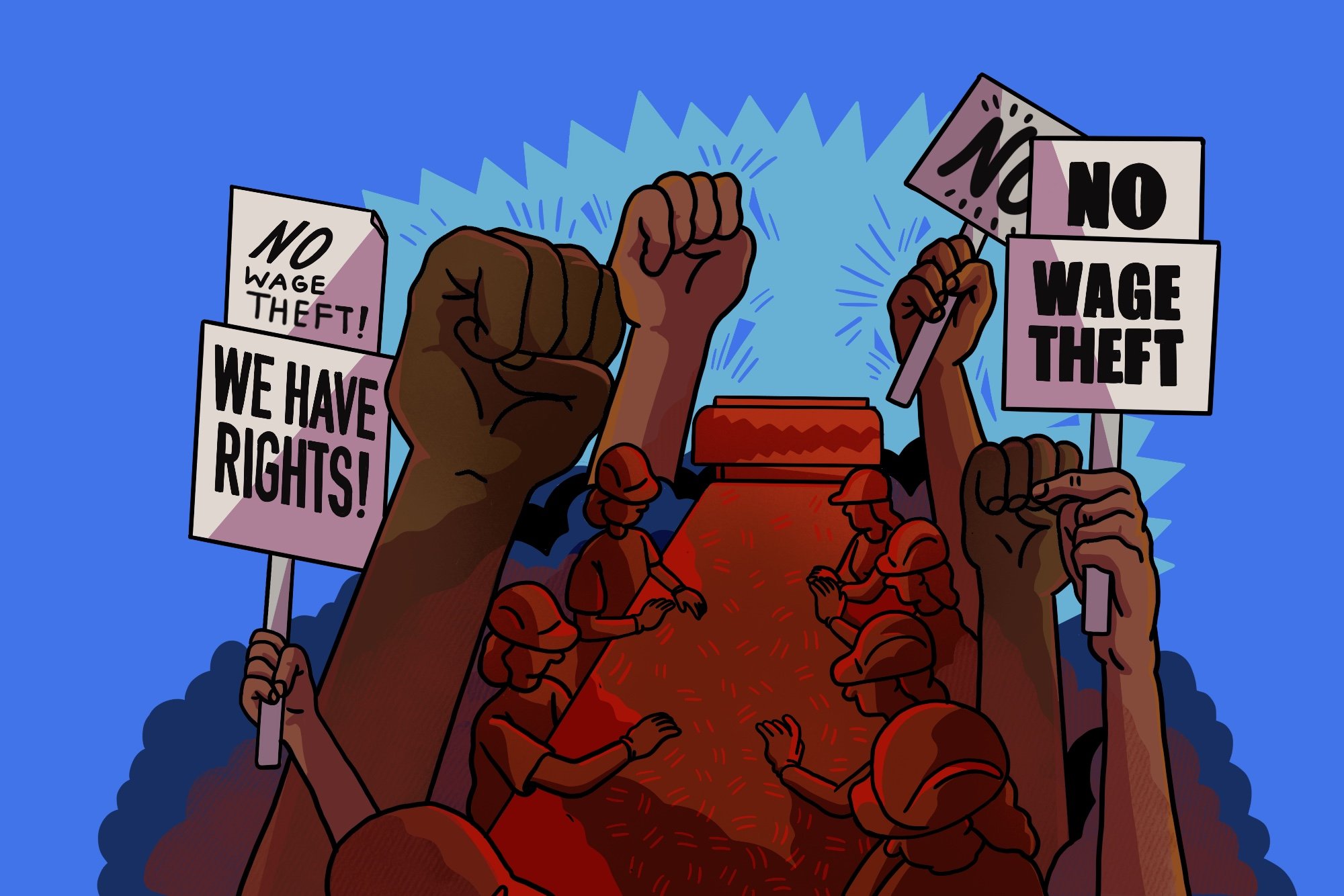 Image is an animation of protest signs with workers rights slogans