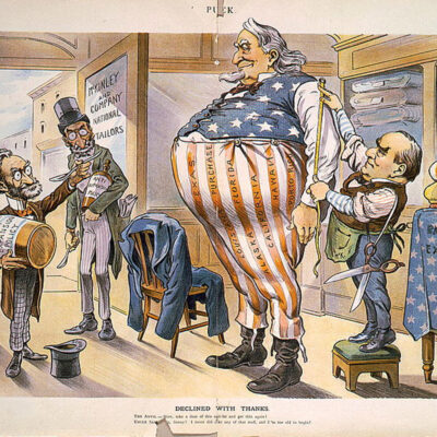 A political cartoon of William McKinley dressed as Uncle Sam getting fitted for imperial garb