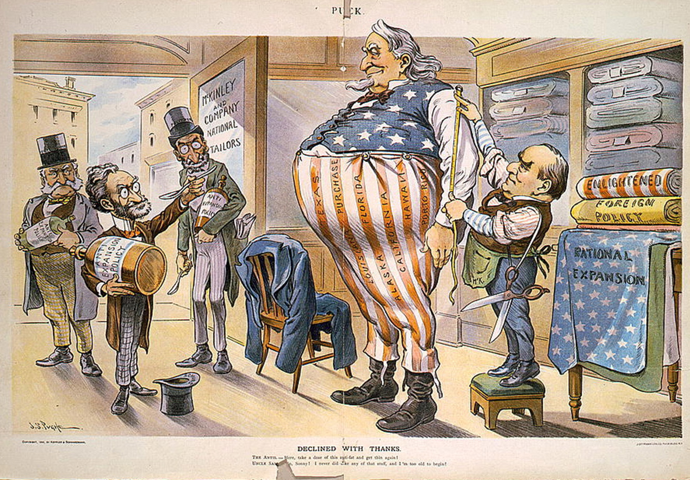 A political cartoon of William McKinley dressed as Uncle Sam getting fitted for imperial garb