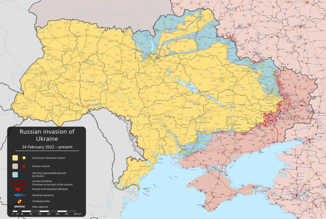Map of Ukraine showing occupied territories and land recaptured by Ukraine