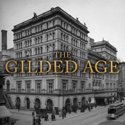 B&W image of a building with Gilded Age overlaid
