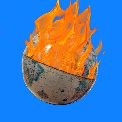 A picture with a globe showing the Norther Hemisphere on Fire