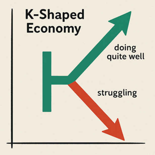 A diagram of the K shaped economy where the upper income/wealth brackets are thriving and the massive bottom is not
